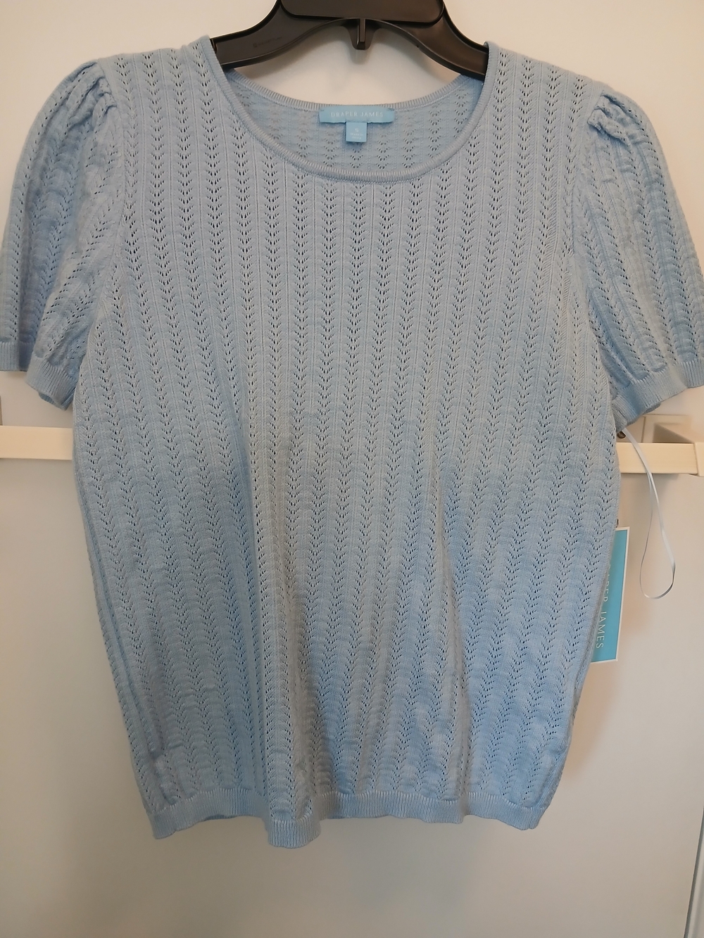 Draper James Light Blue Open-Knit Puff-Sleeve Top